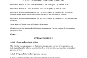 Circular No. 39/2014/TT-NHNN guiding the intermediary payment services