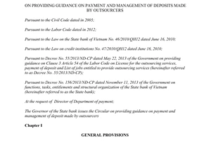 Circular No. 40/2014/TT-NHNN guidance on payment and management of deposits made by outsourcers