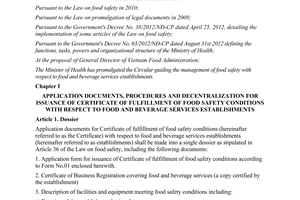 Circular No. 47/2014/TT-BYT guidance on management of food safety food and drink establishment
