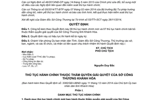 Quyết định 3382/QĐ-UBND thủ tục hành chính thuộc thẩm quyền giải quyết sở công thương Khánh Hòa 2014