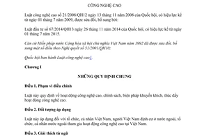 Văn bản hợp nhất 13/VBHN-VPQH 2014 hợp nhất Luật công nghệ cao