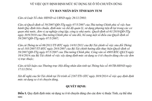 Quyết định 1287/QĐ-UBND 2014 định mức sử dụng xe ô tô chuyên dùng Kon Tum