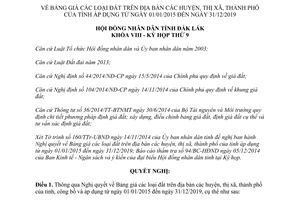 Nghị quyết 136/2014/NQ-HĐND Bảng giá các loại đất Đăk Lăk 2015 2019