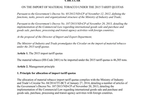 Circular No. 49/2014/TT-BCT on the import of material tobacco under the 2015 Tariff Quotas