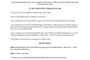 Quyết định 51/2014/QĐ-UBND Bảng giá các loại đất 2015 2019 Quảng Trị