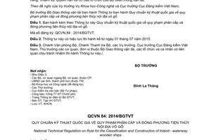 Thông tư 79/2014/TT-BGTVT Quy chuẩn phân cấp đóng phương tiện thủy nội địa vỏ gỗ