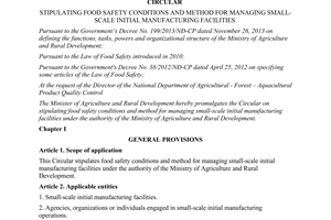 Circular No. 51/2014/TT-BNNPTNT food safety conditions and method for managing manufacturing facilities