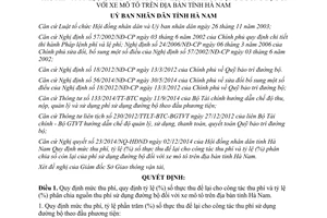 Quyết định 54/2014/QĐ-UBND mức thu phân chia nguồn thu phí sử dụng đường bộ xe mô tô Hà Nam