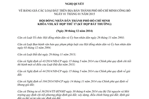 Nghị quyết 29/2014/NQ-HĐND Bảng giá đất Bảng giá đất Thành phố Hồ Chí Minh năm 2015