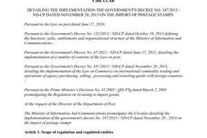Circular No. 26/2014/TT-BTTTT detailing 187/2013/ND-CP the import of postage stamps