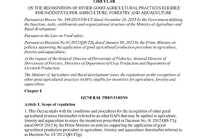 Circular No. 54/2014/TT-BNNPTNT incentives for agriculture forestry aquaculture