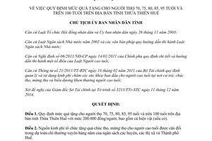 Quyết định 2776/QĐ-UBND 2014 mức quà tặng cho người thọ 95 trên 100 tuổi Thừa Thiên Huế