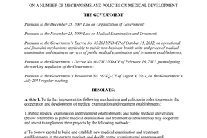 Resolution No. 93/NQ-CP 2014 on a number of mechanisms and policies on medical development