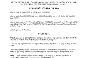 Quyết định 20/2014/QĐ-UBND tỷ lệ (%) phân chia nguồn thu các cấp ngân sách Phú Thọ 2011 2015