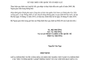 Thông báo 12/2016/TB-LPQT hiệu lực hiệp định về vận chuyển hàng không Việt Nam Ả rập