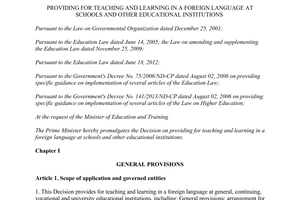 Decision No. 72/2014/QD-TTg teaching learning in a foreign language at schools other educational institutions