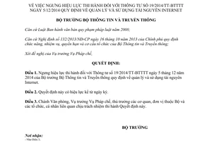 Quyết định 1908/QĐ-BTTTT năm 2014 ngưng hiệu lực thi hành 19/2014/TT-BTTTT quản lý sử dụng tài nguyên Internet