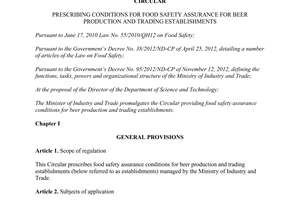 Circular No. 53/2014/TT-BCT conditions for food safety assurance for beer production