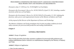 Circular No. 54/2014/TT-BCT conditions for food safety assurance for processed milk production