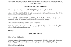 Thông tư 53/2014/TT-BCT điều kiện bảo đảm an toàn thực phẩm cơ sở sản xuất kinh doanh bia