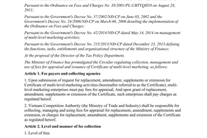 Circular No. 197/2014/TT-BTC fees for appraisal and issuance of certificate of multi-level marketing