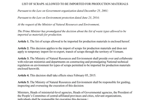 Decision No. 73/2014/QD-TTg list of scraps allowed to be imported for production materials