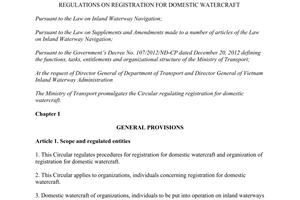 Circular No. 75/2014/TT-BGTVT regulations on registration for domestic watercraft
