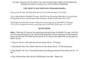 Quyết định 3502/QĐ-UBND thành lập Tổ công tác liên ngành thực hiện 994/QĐ-TTg Khánh Hòa 2014