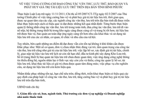 Chỉ thị 23/2014/CT-UBND chỉ đạo văn thư lưu trữ bảo quản phát huy giá trị tài liệu lưu trữ Bình Phước