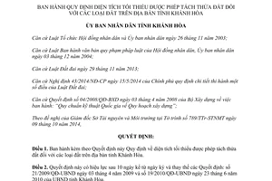 Quyết định 32/2014/QĐ-UBND diện tích tối thiểu được tách thửa đất Khánh Hòa