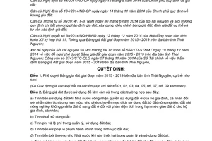 Quyết định 57/2014/QĐ-UBND Bảng giá đất 2015 2019 tỉnh Thái Nguyên