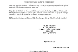 Thông báo hiệu lực Hiệp định tài chính Dự án Chương trình hiện đại hóa tài chính công giữa Việt Nam và EU
