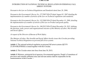 Circular 36/2014/TT-BLDTBXH introduction national technical regulation personal fall arrest systems