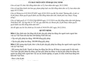 Quyết định 3292/2014/QĐ-UBND thu lệ phí cấp giấy phép lao động cho người nước ngoài Quảng Ninh