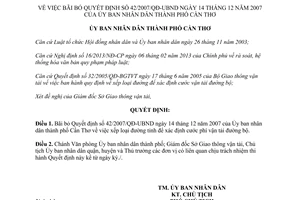Quyết định 4020/QĐ-UBND 2014 bãi bỏ Quyết định 42/2007/QĐ-UBND thành phố Cần Thơ ban hành