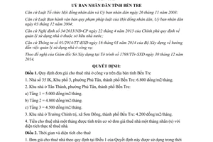 Quyết định 39/2014/QĐ-UBND đơn giá cho thuê nhà ở công vụ tỉnh Bến Tre