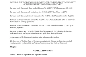 Circular No. 47/2014/TT-NHNN confidentiality and safety of equipment serving bank card payment