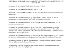 Circular No. 90/2014/TT-BGTVT management operation and maintenance of highways