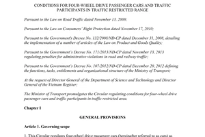 Circular No. 86/2014/TT-BGTVT conditions for four-wheel drive passenger cars in traffic restricted range
