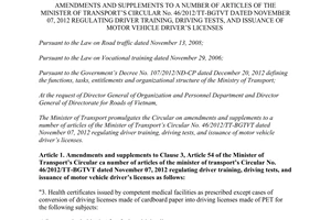 Circular No. 87/2014/TT-BGTVT amendments 46/2012/TT-BGTVT motor vehicle driver’s licenses