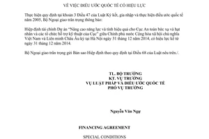 Thông báo hiệu lực Hiệp định tài chính giữa Việt Nam Liên minh Châu Âu