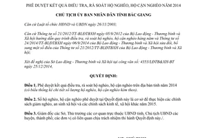 Quyết định số 2145/QĐ-UBND phê duyệt kết quả điều tra rà soát hộ nghèo Bắc Giang 2014