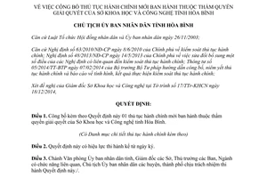 Quyết định 2357/QĐ-UBND công bố thủ tục hành chính mới thẩm quyền Sở Khoa học Hòa Bình 2014