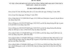 Quyết định 2843/QĐ-UBND công bố Đơn giá xây dựng công trình Huế 2014