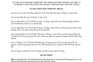 Quyết định 34/2014/QĐ-UBND chính sách bồi thường hỗ trợ tái định cư khi Nhà nước thu hồi đất Sóc Trăng