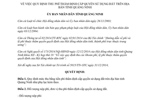 Quyết định 3392/2014/QĐ-UBND thu phí thẩm định cấp quyền sử dụng đất Quảng Ninh