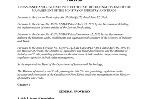 Circular No. 58/2014/TT-BCT issuance and revocation of certificate of food safety under the management