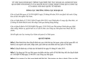 Quyết định 3816/QĐ-TCHQ 2014 quy trình tạm thời thủ tục hải quan giám sát hải quan Cửa khẩu sân bay quốc tế Nội Bài