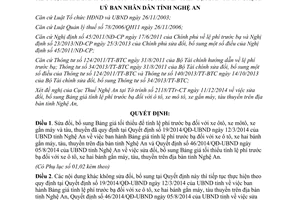 Quyết định 100/2014/QĐ-UBND sửa đổi bảng giá tối thiểu tính lệ phí trước bạ đối với xe ôtô xe máy tàu thuyền Nghệ An