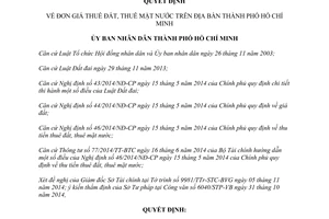 Quyết định 50/2014/QĐ-UBND đơn giá thuê đất thuê mặt nước thành phố Hồ Chí Minh